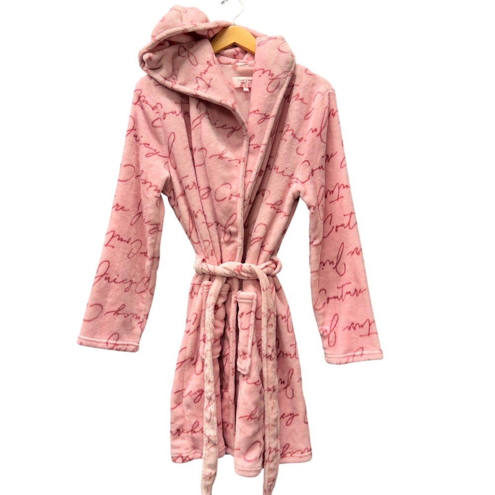 Juicy Couture Robe Womens L/XL Script Logo Hooded Plush‎ Pink Sleepwear COMFY